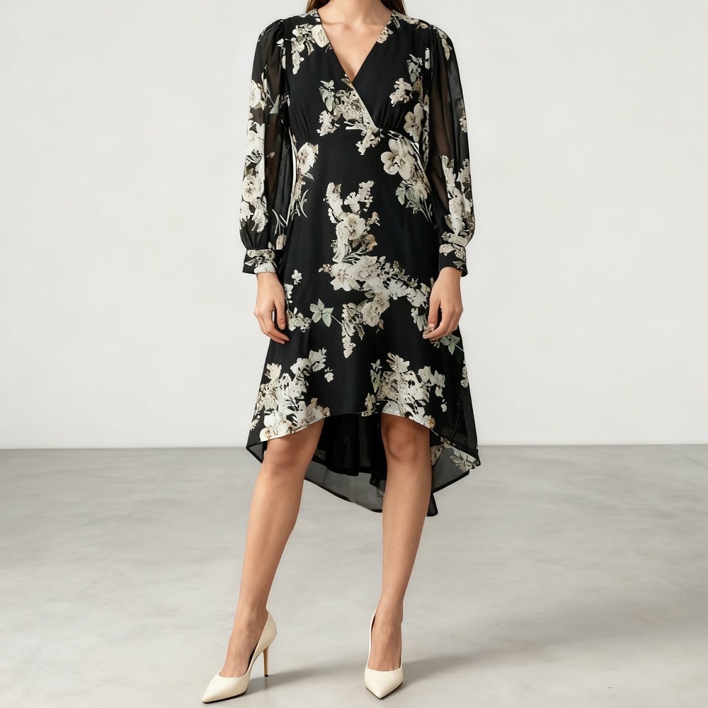 Umgee Floral Print‎ Midi High Low Dress Black Long Sleeve Small